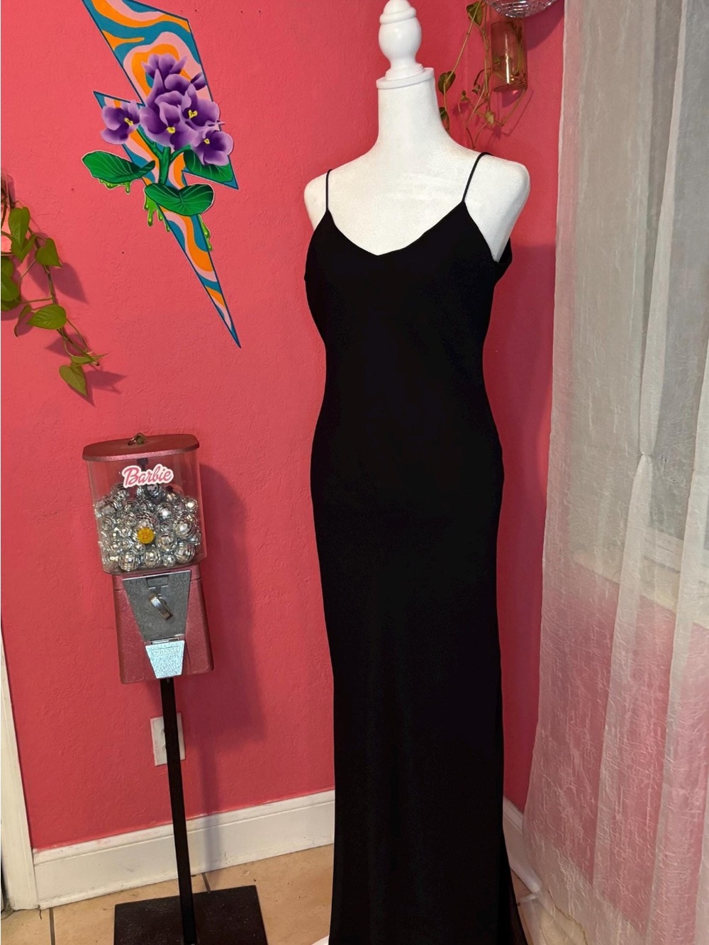 Vintage- Black Open Back - Slip Maxi Dress with Spaghetti Straps - Size Medium
